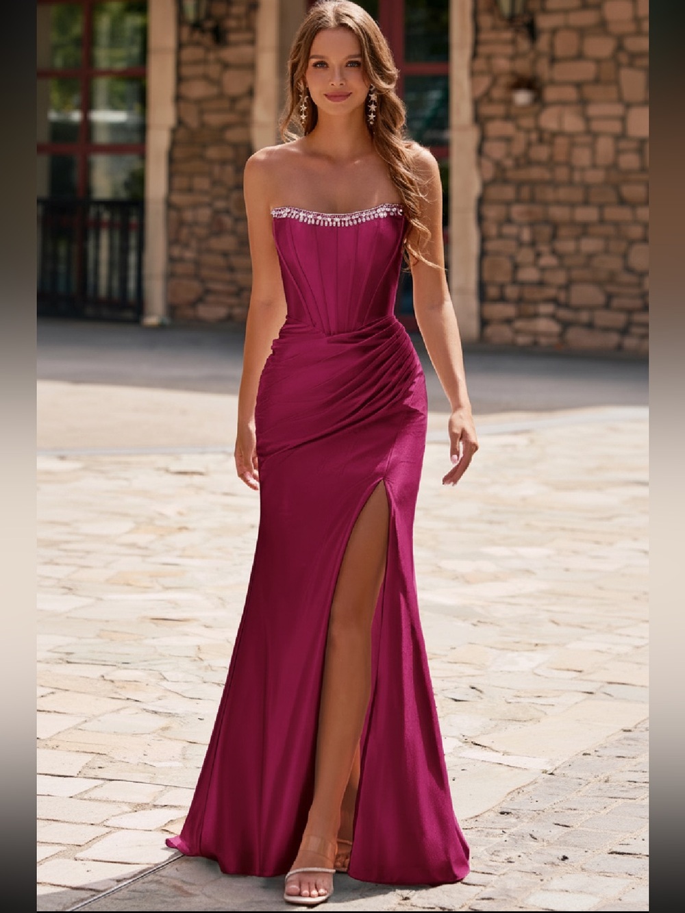 STACEES Fitted Pearls Beads Strapless Corset Ruched Prom Dress with Slit ❤️NWT❤️